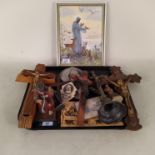 Thirteen religious related items including crucifixes and Mary and Child plaque