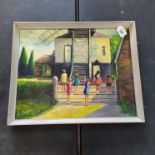 An oil on board of children at a windmill, signed Pink 70,