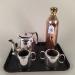 A plated tea set plus a vintage brass and copper bottle with screw top