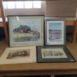 A framed watercolour of a rural scene with cottages and a river with bridge in foreground plus an