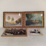 Two framed oils on canvas, rural scene signed bottom right, 15" x 11" plus two 1930's photographs,