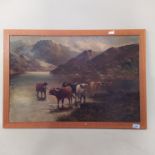 A late 19th Century oil on canvas of highland cattle by a loch in the Trossachs, signed Tom Seymour,
