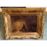 An antique gilt framed oil on canvas of a sailing ship with figures,