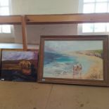 A framed oil on canvas of a beach scene with children,