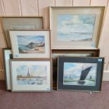 Eight framed and glazed watercolours including a broadland view with wherry,