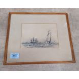 J Domett small framed pencil sketch of ships under sale, marked on mount 'J Domett 1 Jany 1866',