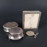 Mixed silver and white metal items including a continental silver round pot with insert to lid (as