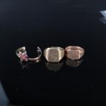 Two 9ct gold signet rings (one cut) one inscribed conquest of Jerusalem 1947 and part of a stone