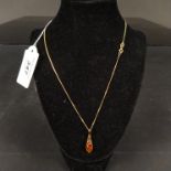 A 9ct gold amber set pendant on 9ct gold chain with matching earrings,