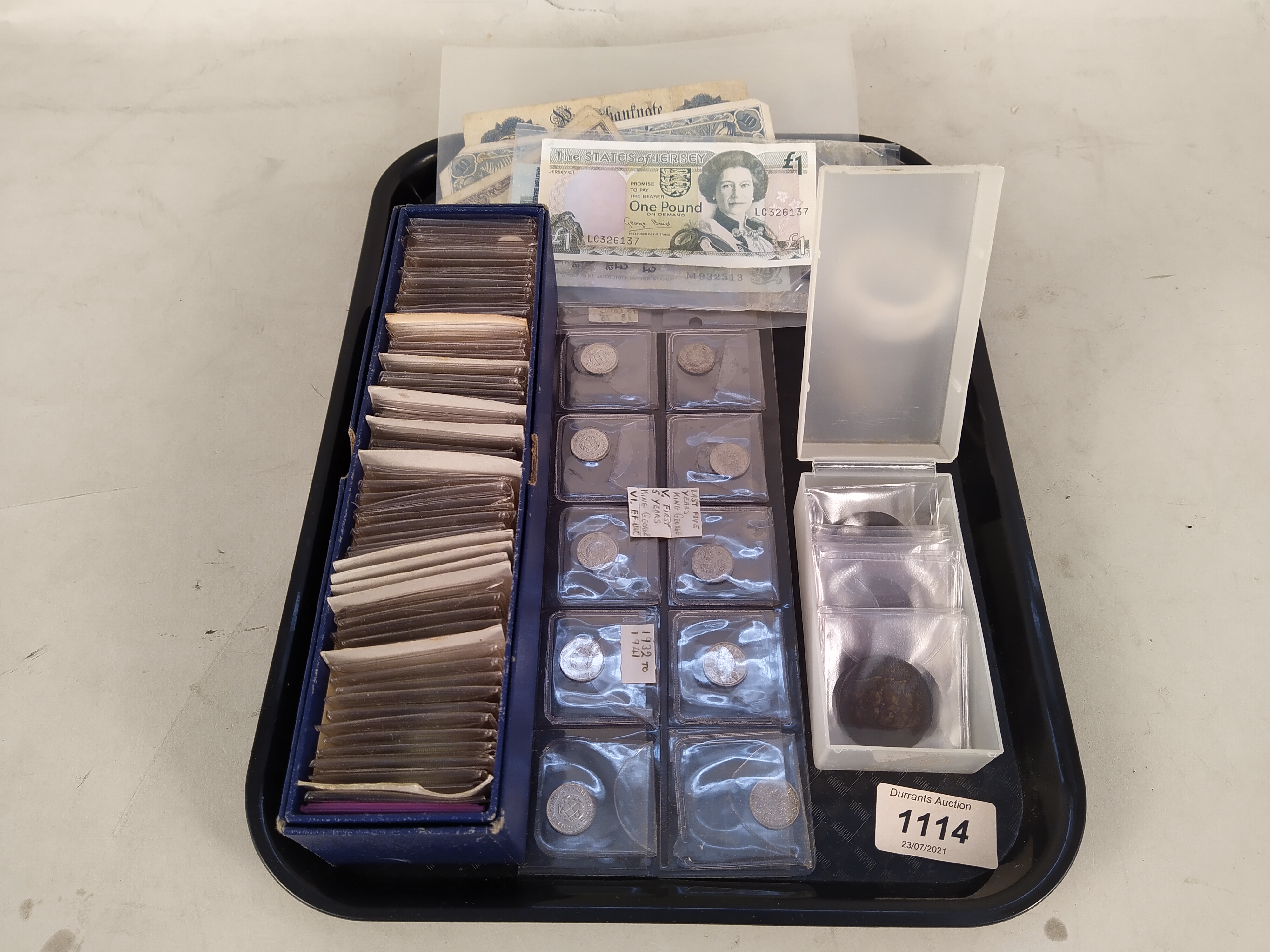 Various GB coins in wallets, a collection of George VI 3 D's plus a small tub of earlier coins, - Image 3 of 3