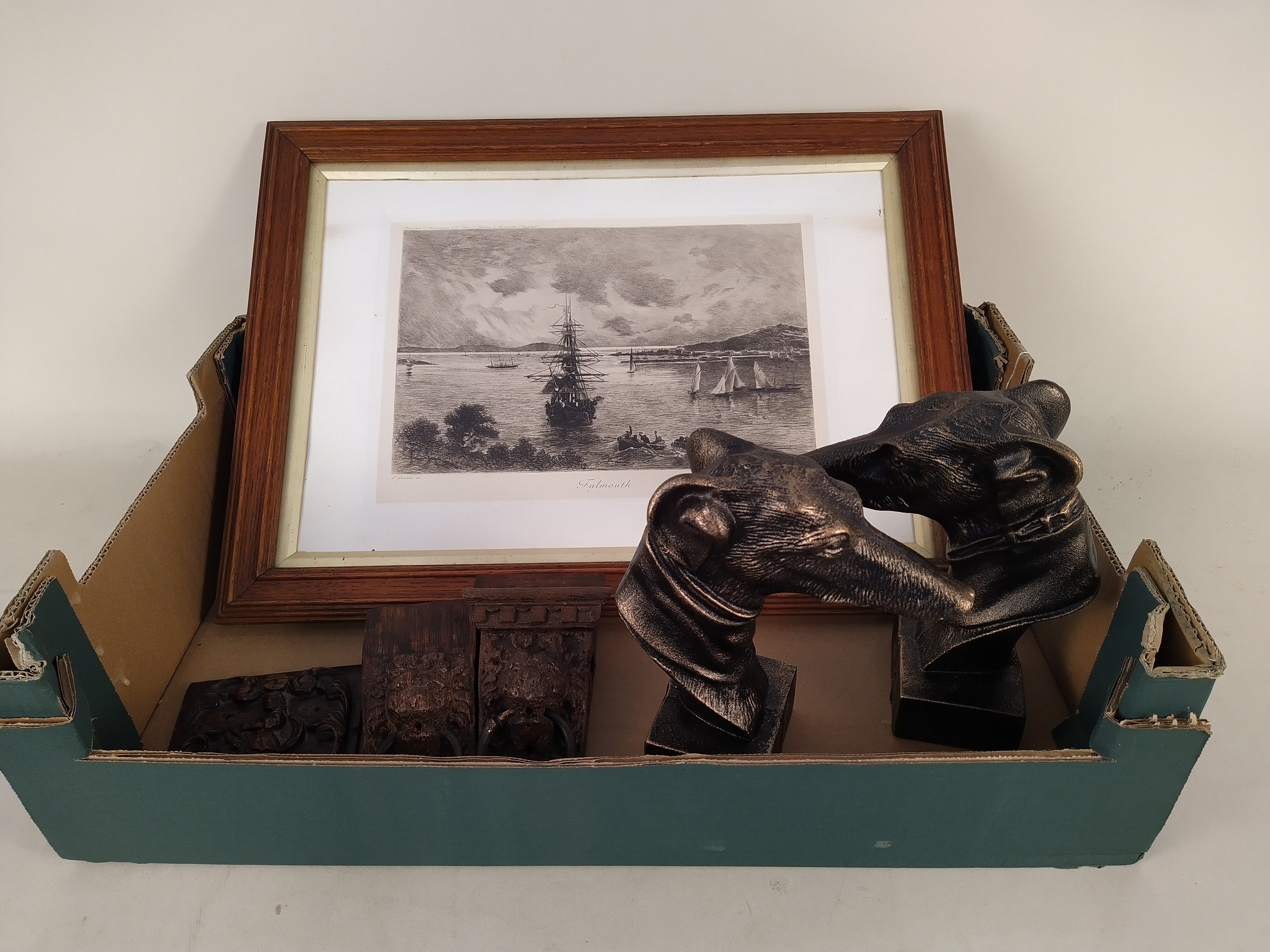 A pair of cast metal greyhound head door stops, a 19th Century oak framed print of Falmouth, - Image 3 of 3