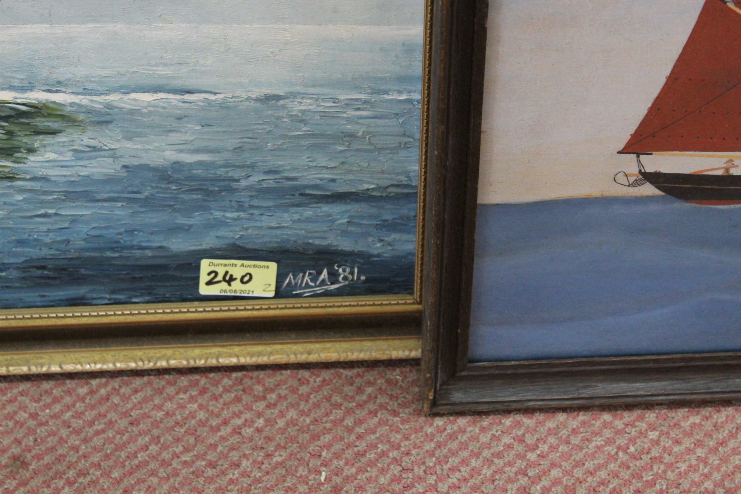 A framed oil on board of the Lydia Eve with a fully rigged sailing ship signed MRA '81 plus a - Image 2 of 3