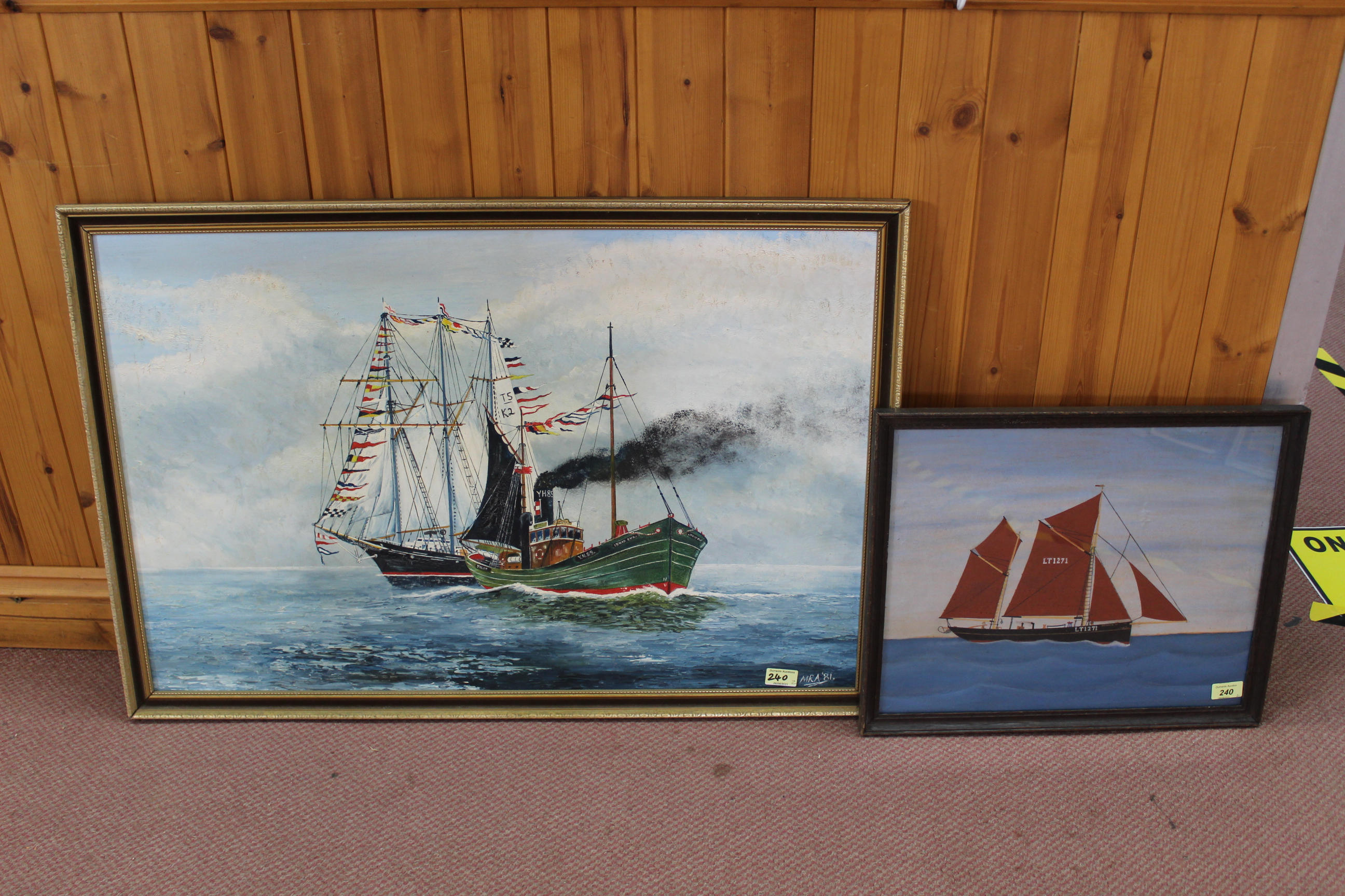 A framed oil on board of the Lydia Eve with a fully rigged sailing ship signed MRA '81 plus a