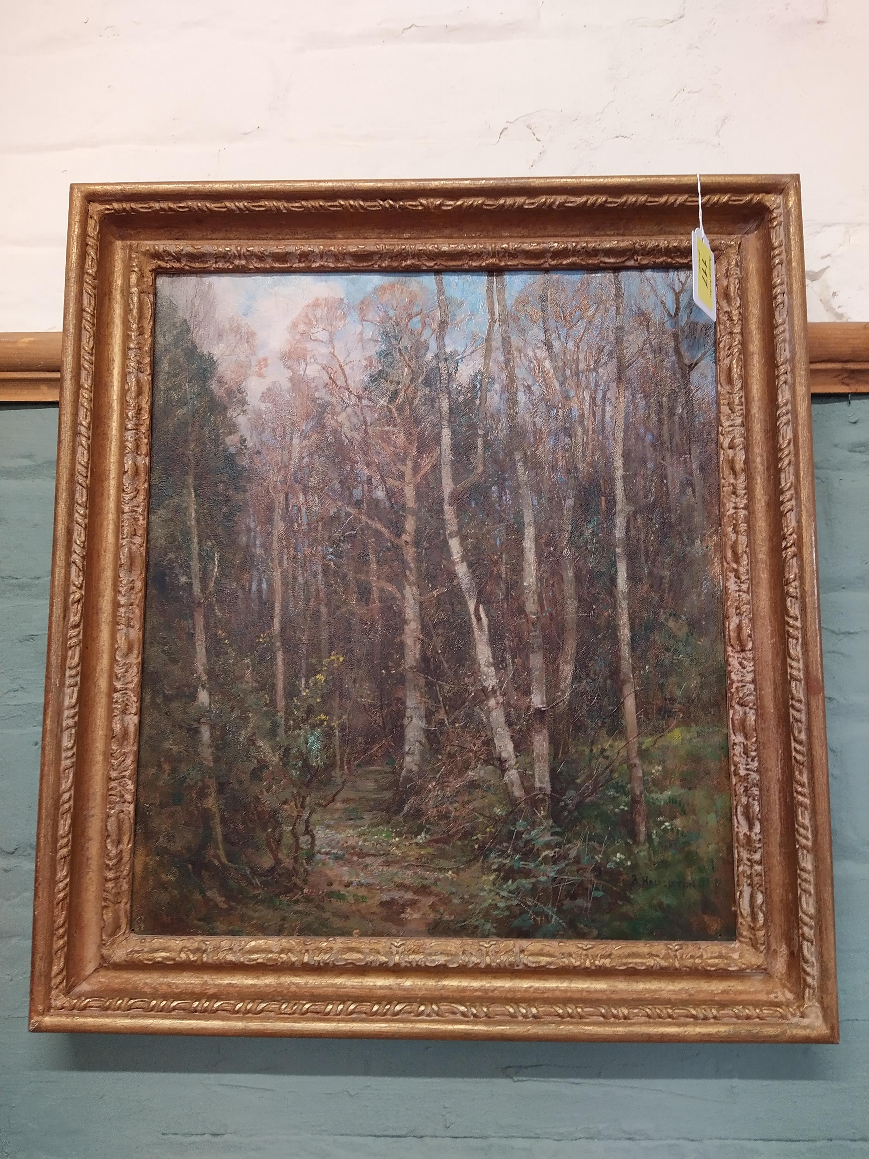 Benjamin Haughton (1865-1924), oil on board 'Woodland Path' with sales paperwork from 1980,