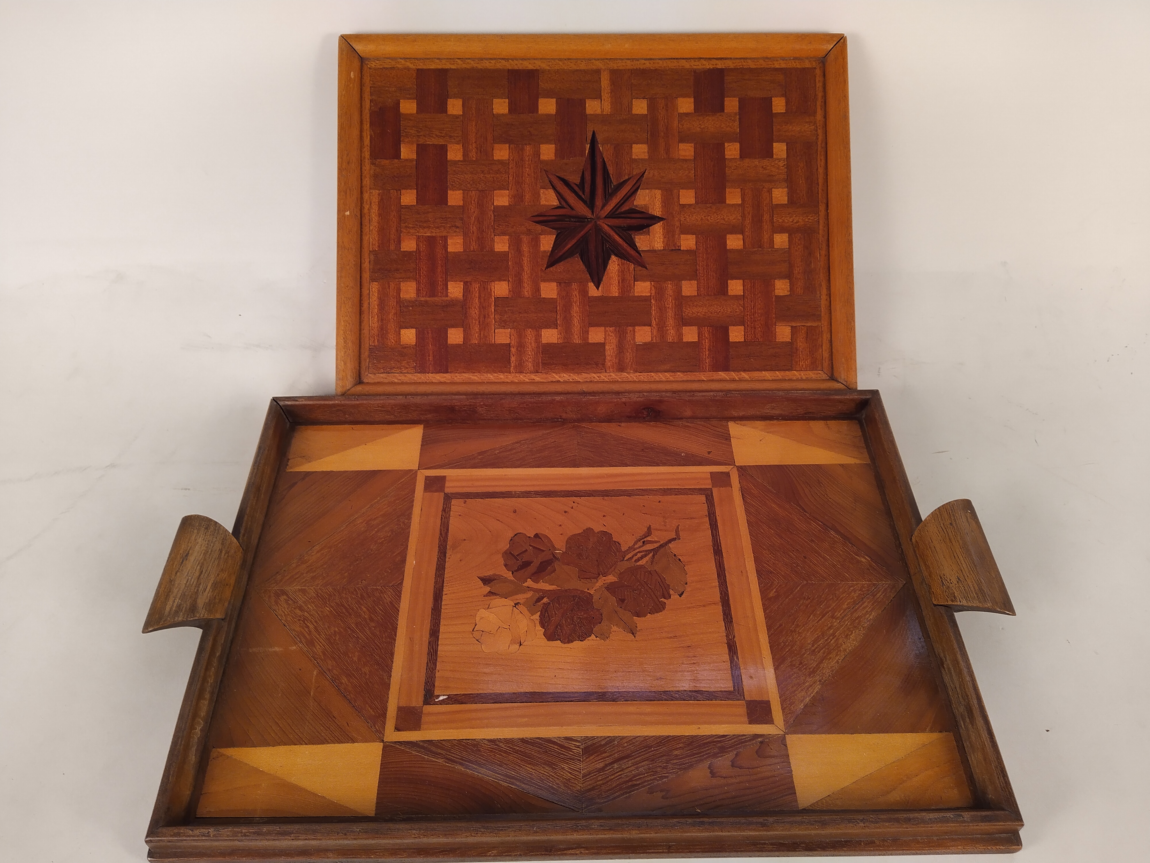 Four vintage inlaid wooden trays, one with flowers, - Image 2 of 3