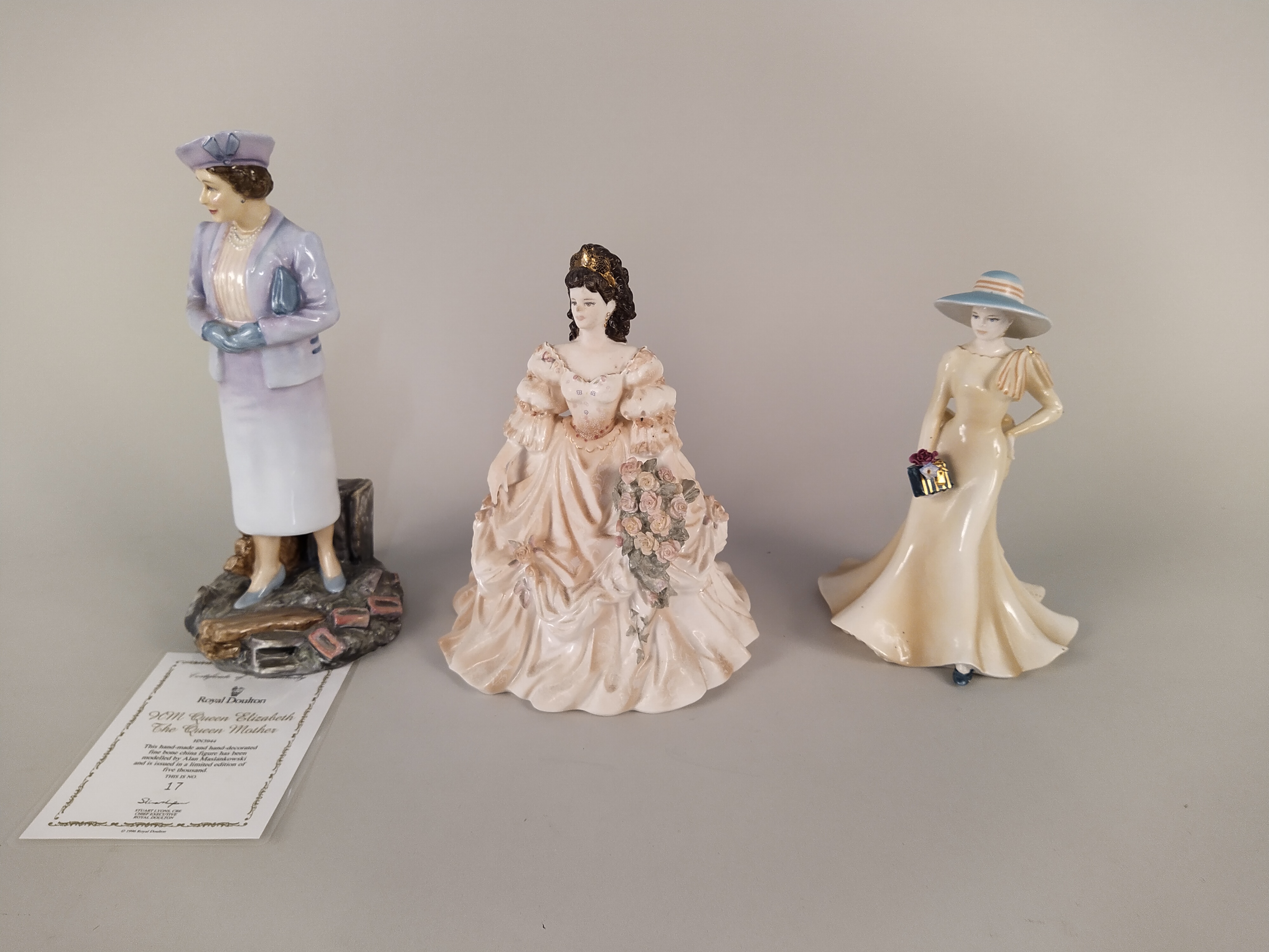A boxed Coalport figurine 'My Divine Arabella' plus 'Helen' and a Royal Doulton Queen Mother HN