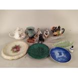 A mixed box of mainly ceramics including a pair of porcelain nodder figures (one as found) plus a