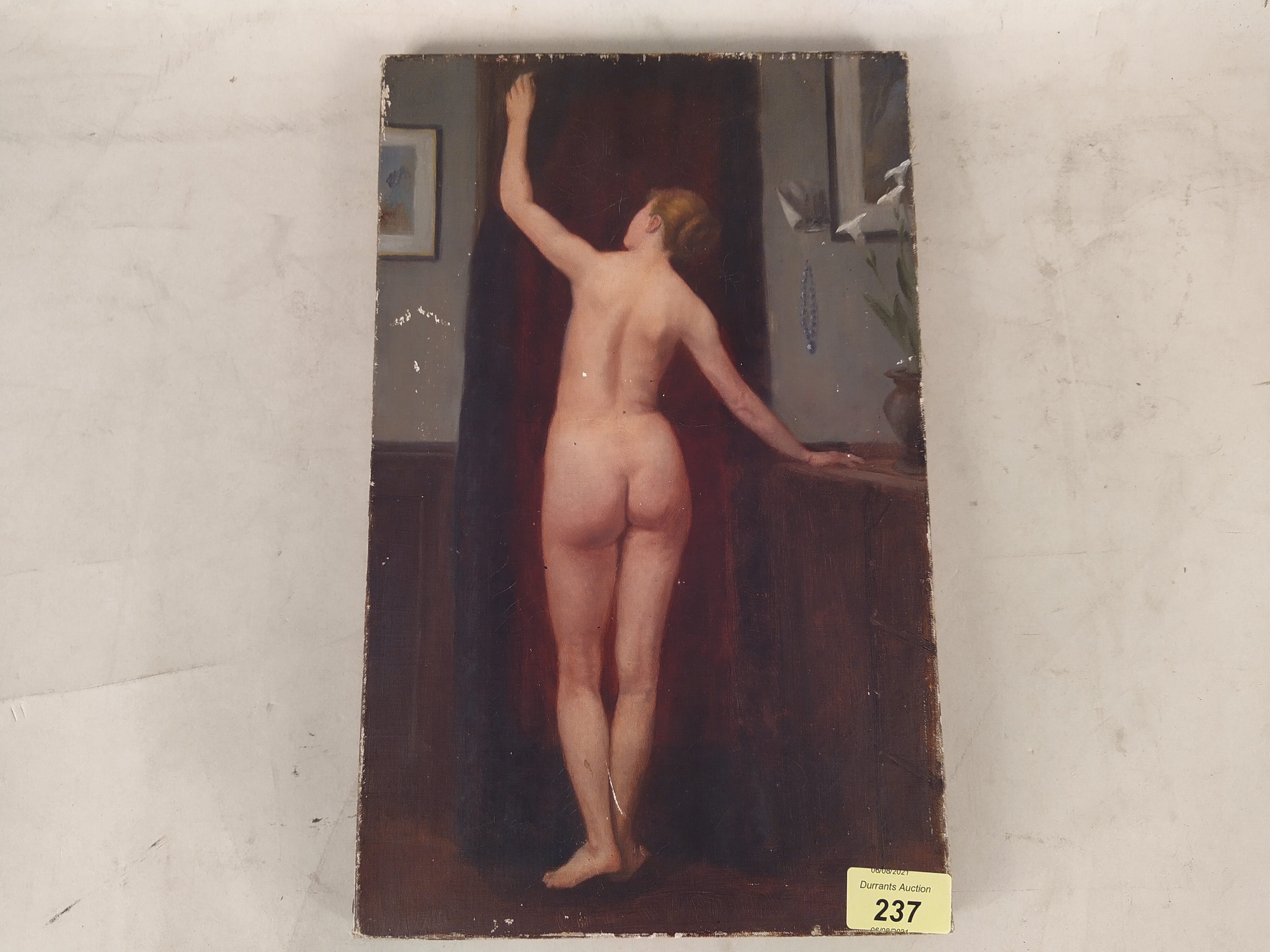 A late 19th Century unframed oil on canvas of a female nude inscribed on stretcher 'By H.G.H.