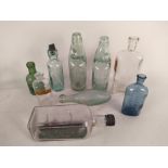 A mixed lot of items including cod and chemist bottles, horn galleon, Lowestoft Drifter in a bottle,