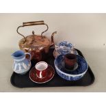 A Victorian copper kettle plus mixed china including Wedgwood and Susie Cooper