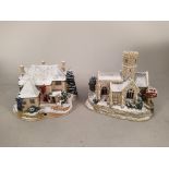 Two boxed Lilliput Lane illuminating Christmas themed buildings plus a plated tray and a glass cake