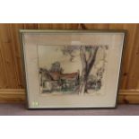 Germ de Jong (1886-1967) framed mixed media on paper, country buildings and tree,