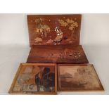 A large group of inlaid wooden panels, some Indian influence,