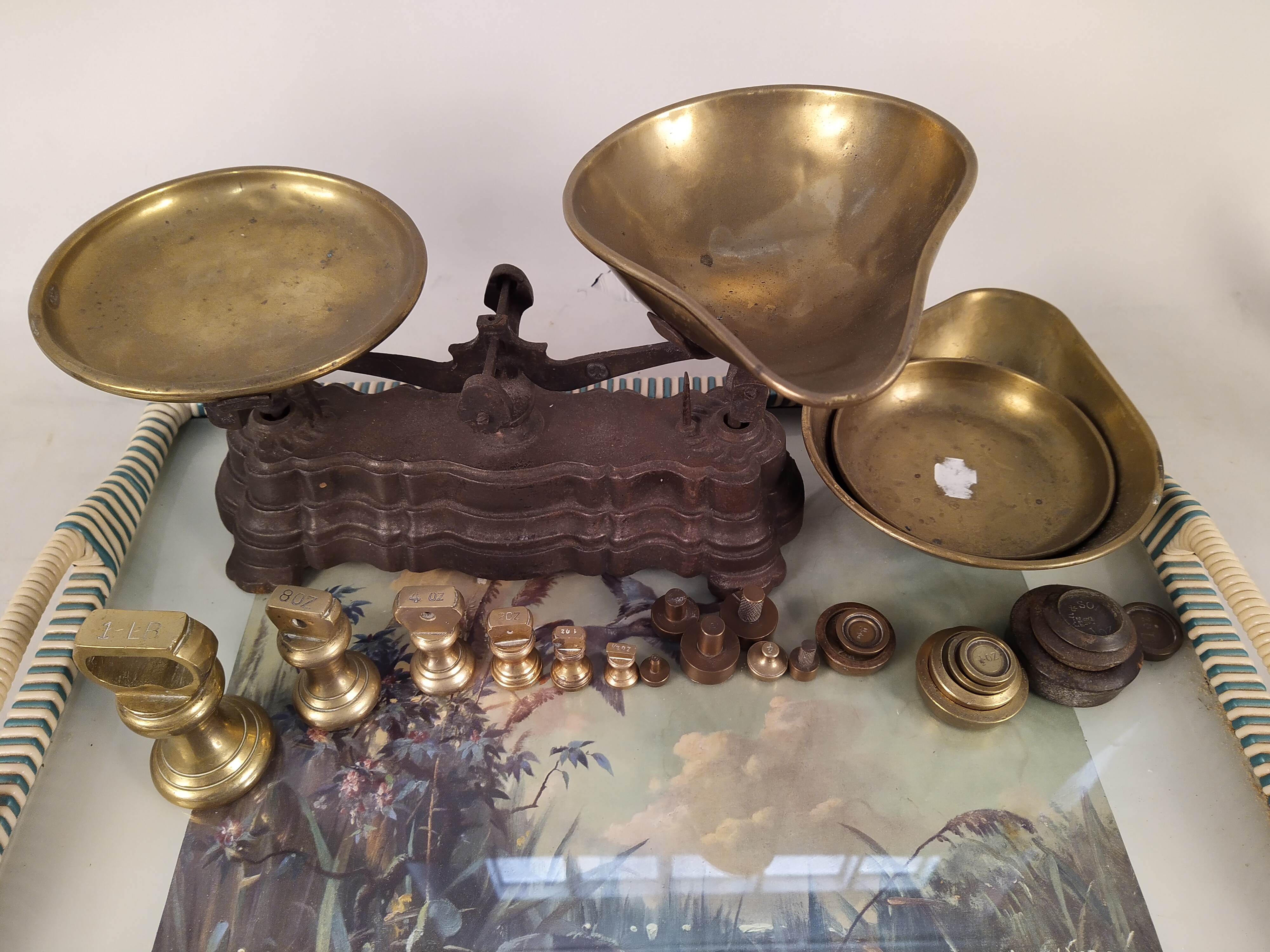 A 1960's tea tray, a set of 1920's kitchen scales with spare pans, - Image 2 of 3