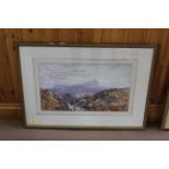 A 19th Century framed watercolour of an upland scene with hills and cows,