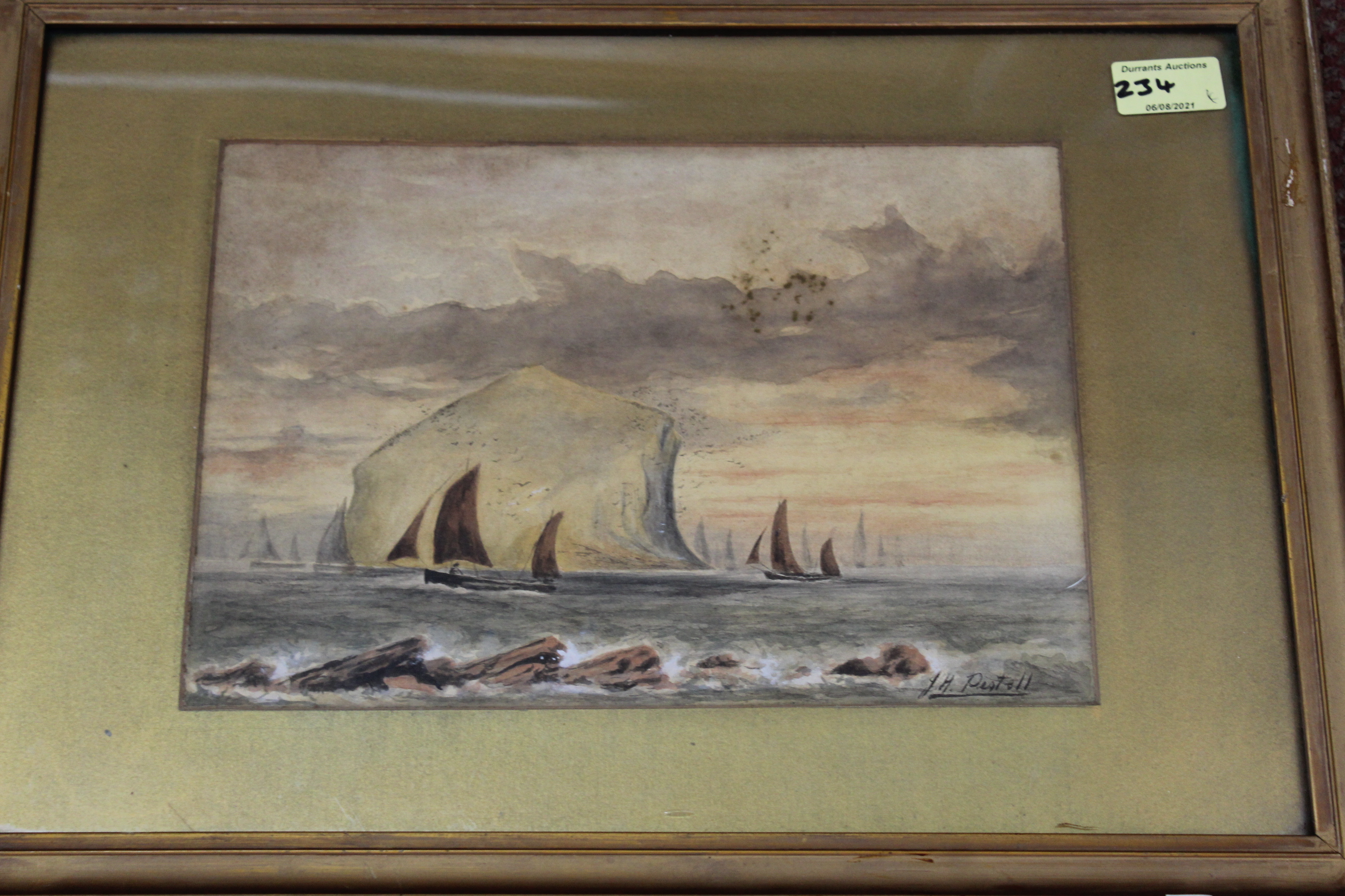 A pair of late 19th Century framed watercolours of coastal scenes with fishing boats signed J H - Image 2 of 3