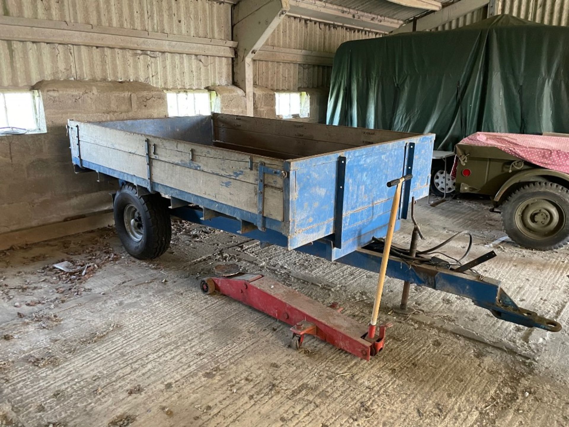 Wooden Tipping Trailer, 3m x 2m approx.. c/w spare wheel and tyre and lightboard.