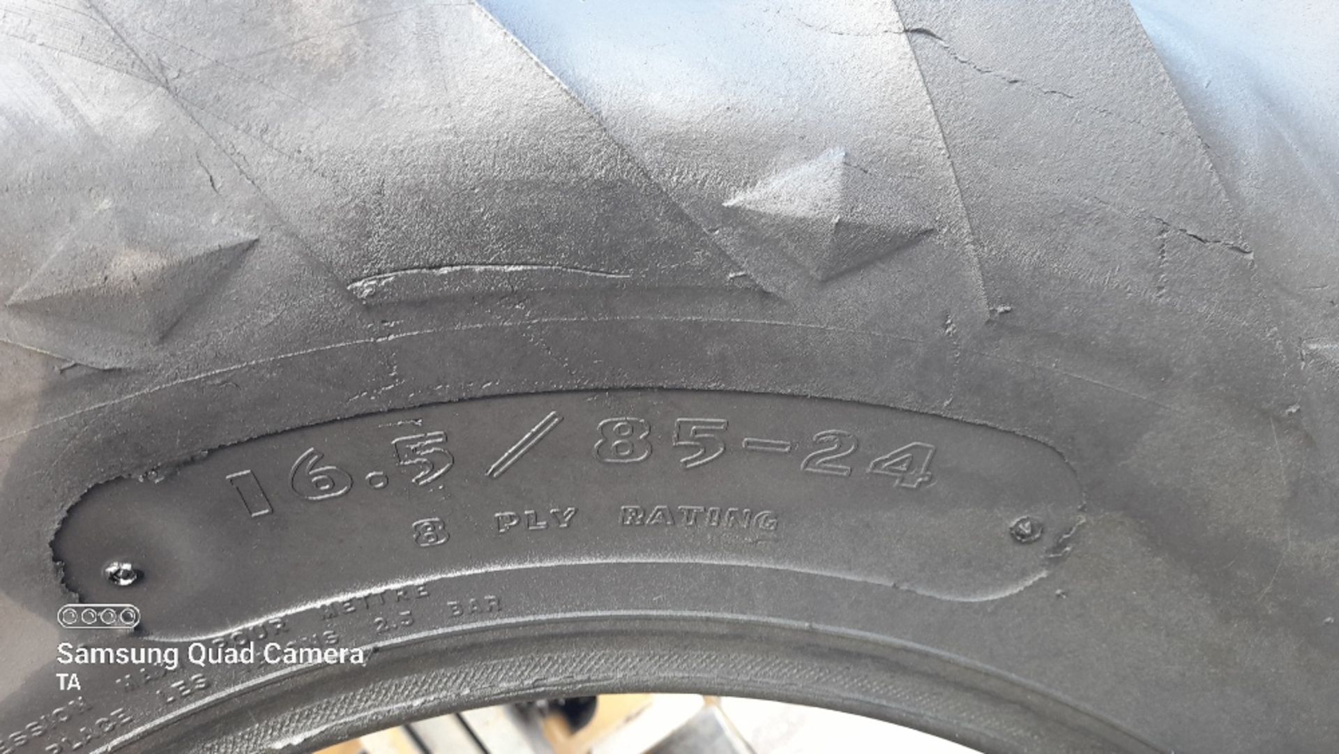 Goodyear tyre 16.3 x 85-24 80% tread. Stored near Eye, Suffolk.