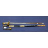 A British model 1827 Naval Officers sword with brass mounted leather scabbard and original knot,