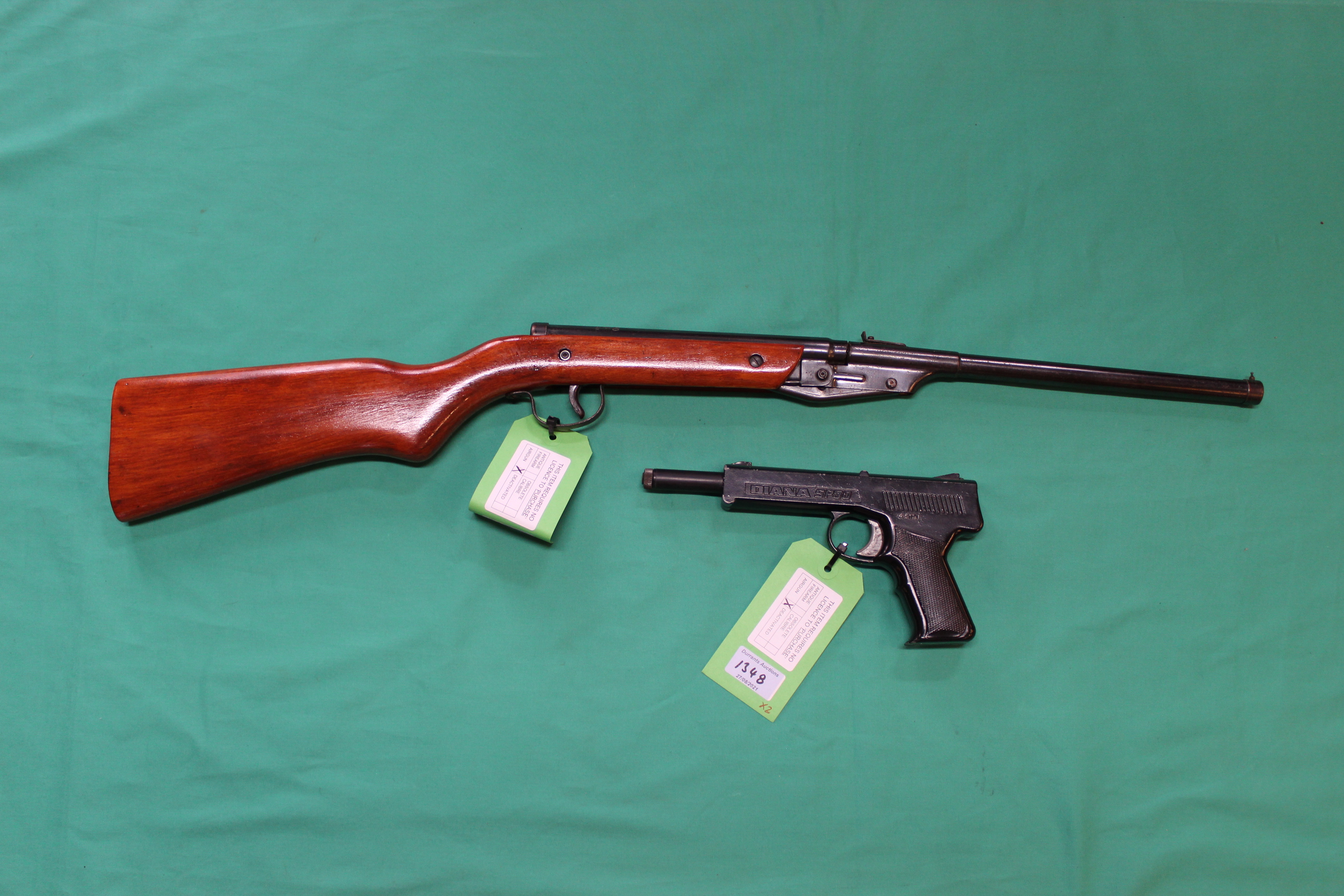 A Milbro Mod 16 air rifle, made 1971 with a Diana SP50 air pistol,