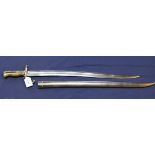 A French model 1866 brass hilted sabre bayonet with scabbard,