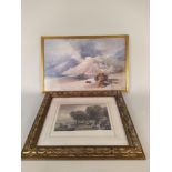A framed watercolour of 'Ventimiglia Sept 5th 1851' plus five assorted dog and bird prints