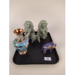 A pair of jadeite Chinese dogs of fo 6" high plus a smaller dog,