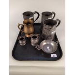 Two Victorian quart pewter tankards plus one other and various pewter measures etc