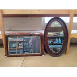 A vintage oval wood framed mirror 29" long plus an Edwardian inlaid over mantel mirror 27" long