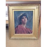 A large gilt framed oil on canvas of a lady with red dress,