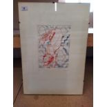 A framed 'soft ground' etching of a red dog on a blue floor, signed J Wheeler '72,