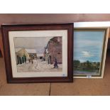 A framed watercolour of a village winter scene signed and dated 'W C White 1947' plus a framed