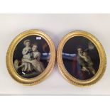 A pair of early 19th Century portrait prints of mothers with children in original oval gilt frames