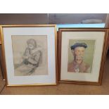 Five framed mixed media pictures including a pencil of a seated lady, unsigned 10 1/2" x 12 1/4",