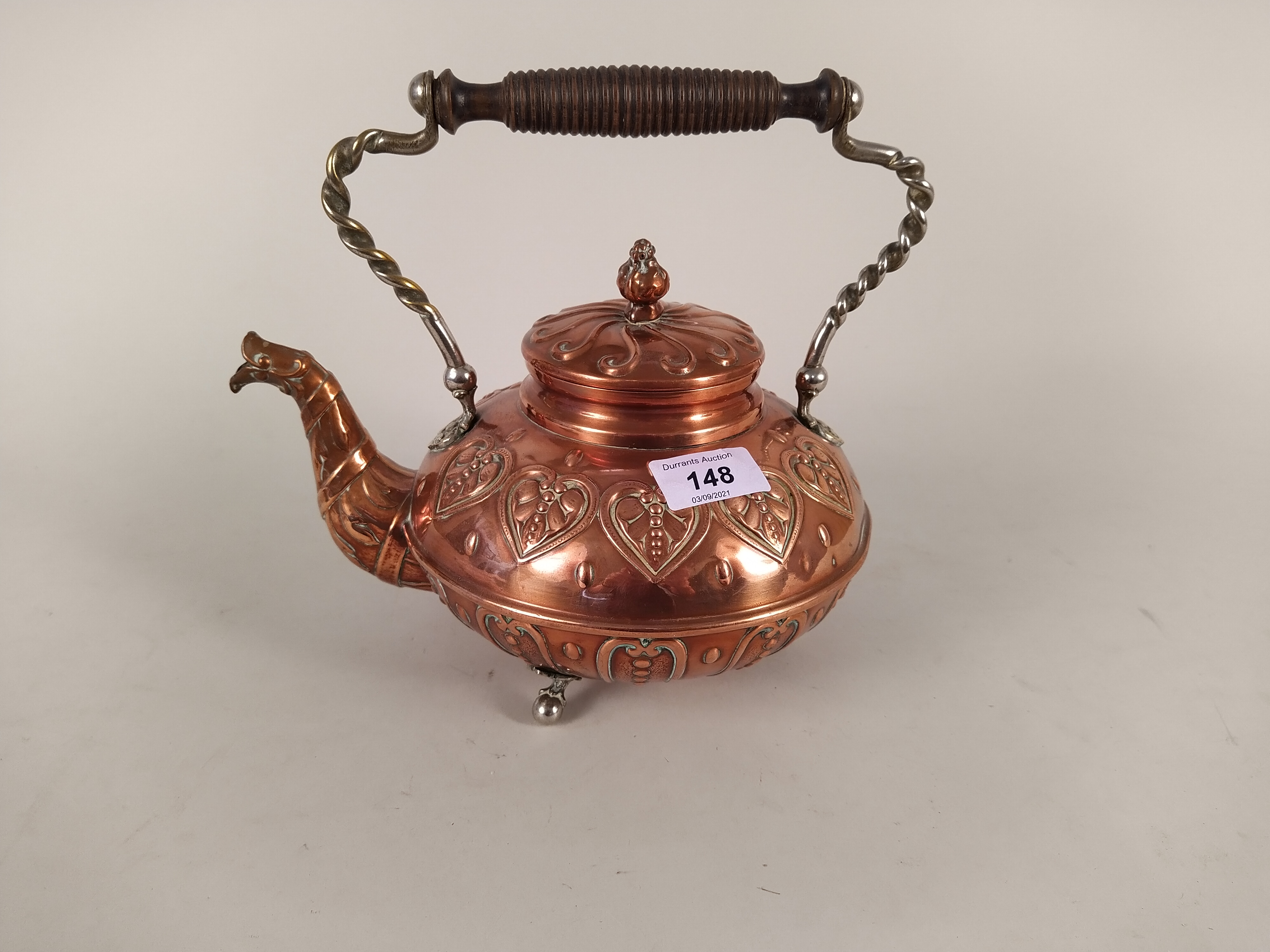 A German copper and plated tea kettle by Bing of Nuremberg,