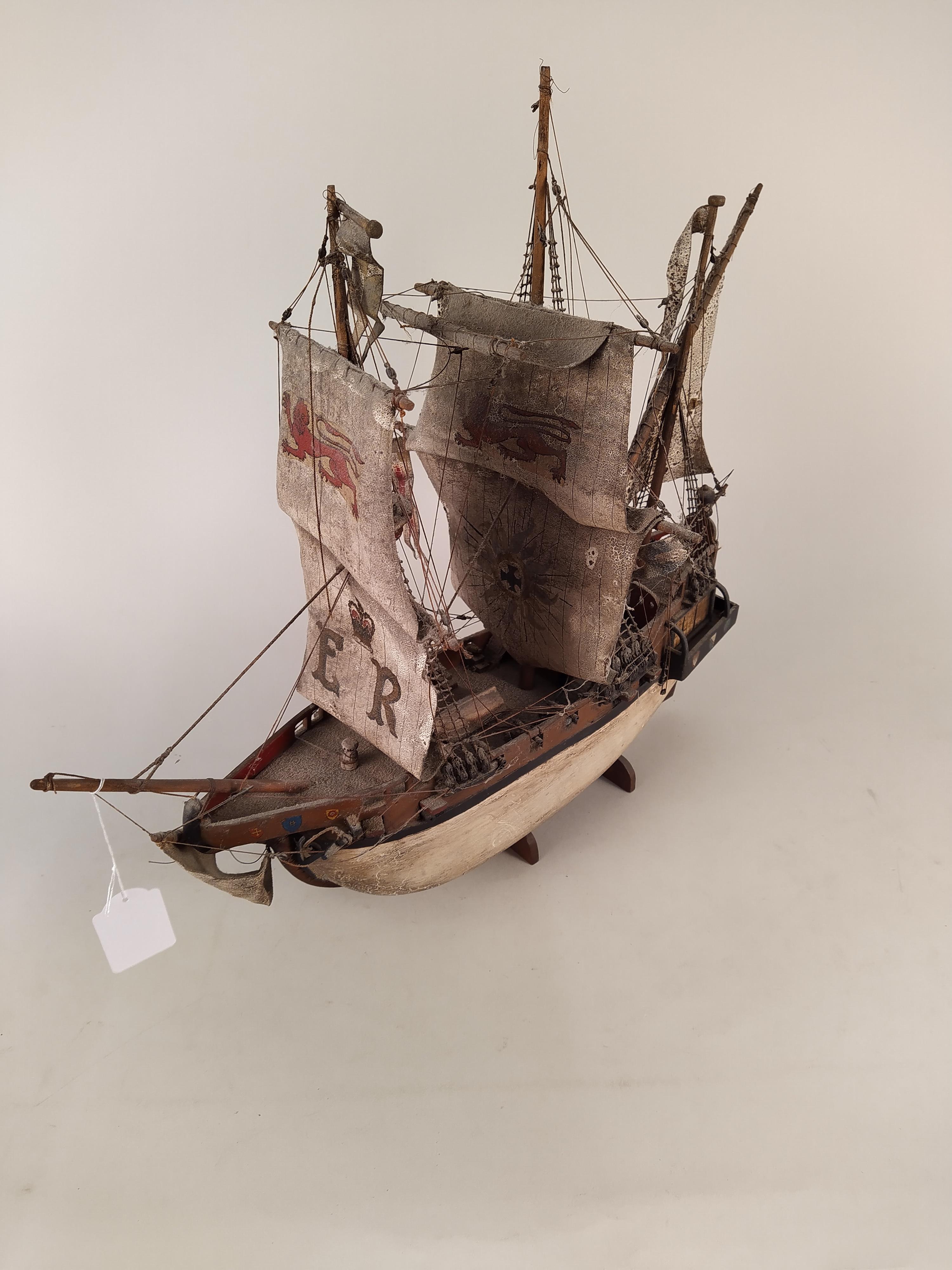 A model of a wooden hulled fully rigged Elizabethan galleon with painted sails - Image 2 of 3
