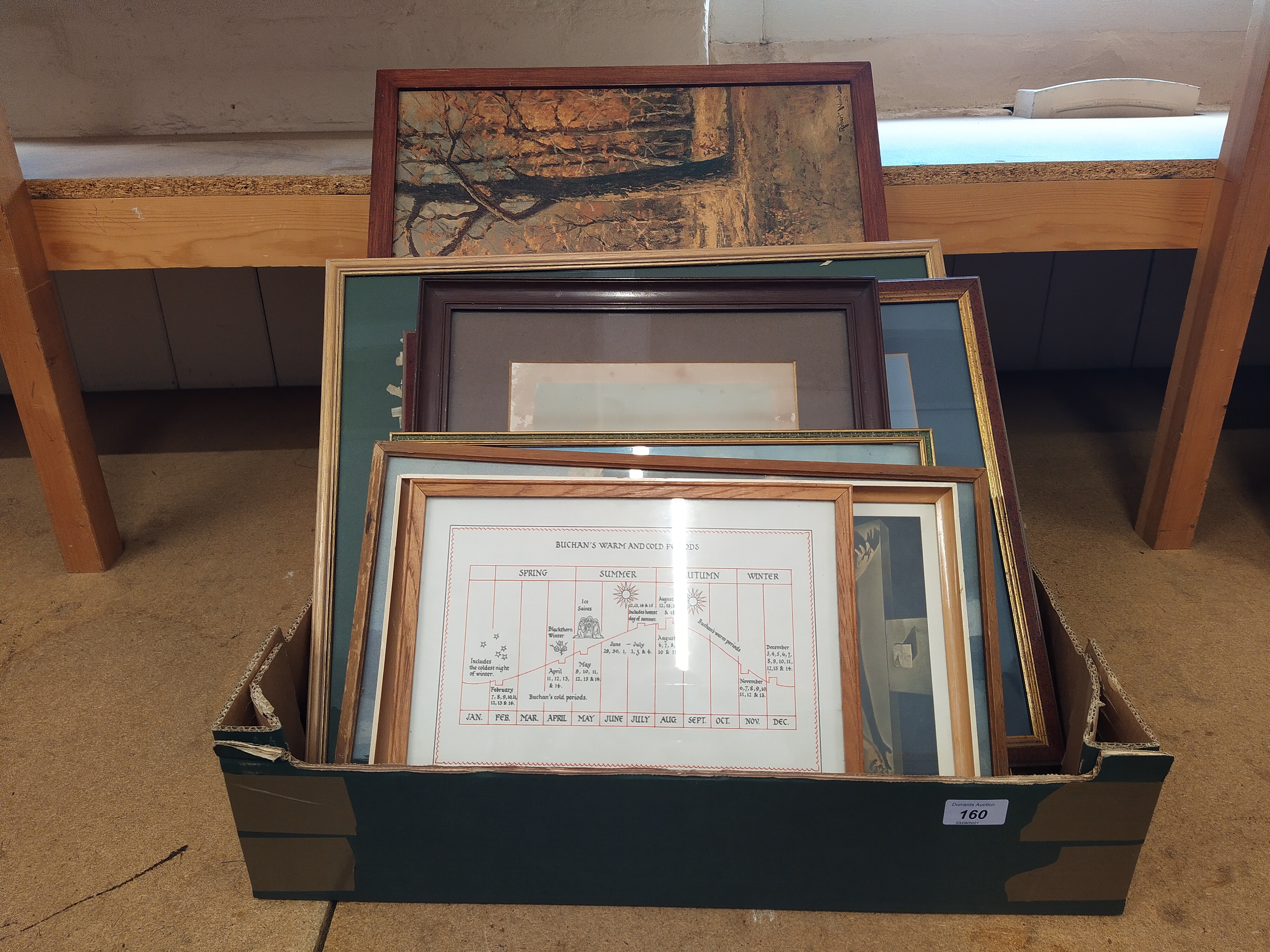 A box of mixed pictures including hand painted Egyptian on papyrus, Salvador Dali print, - Image 3 of 3