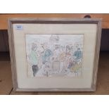 An unsigned framed ink and watercolour,