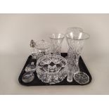 A selection of cut crystal vases, a biscuit barrel,