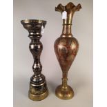 Two imposing large brass vase and jardiniere stands, the vase decorated with colours, 32" high,